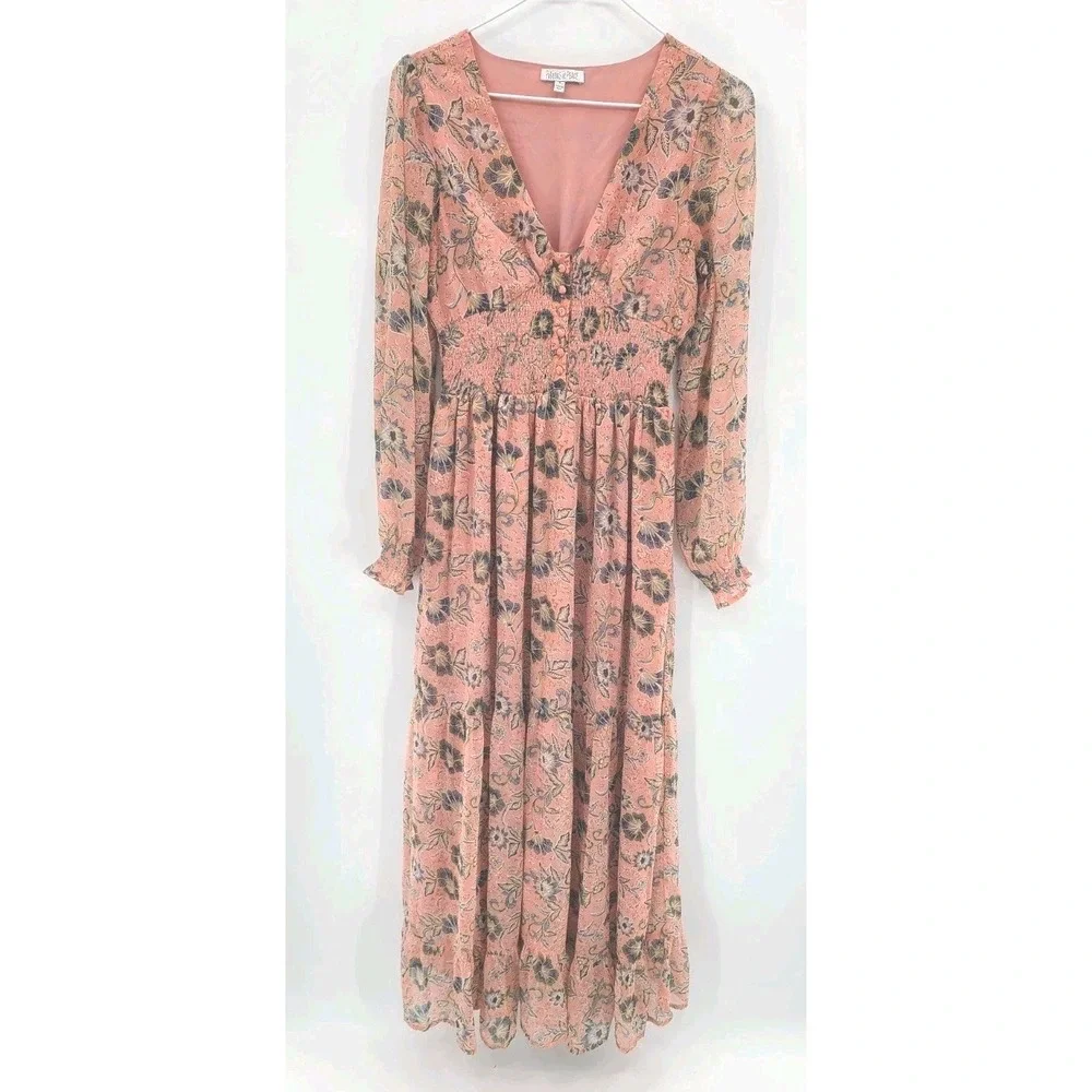 Fairy Cottagecore Tiered Babydoll Maxi‎ Dress Small Pink Floral Smocked Ruffles